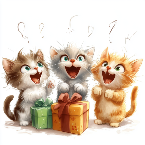 Five fluffy kittens react to adorable gifts