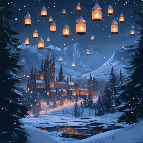 Floating candles illuminate snowy winter landscape