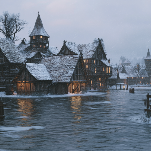 Flooded medieval village at snowy winter night