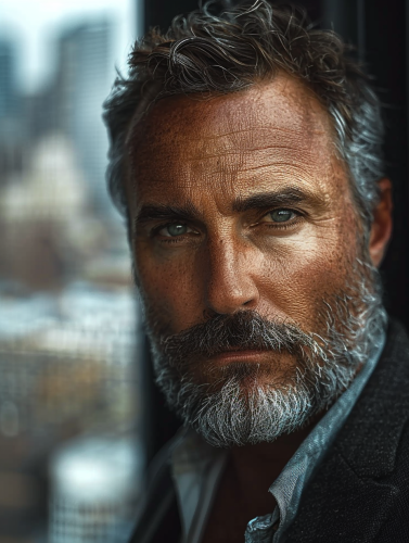 Focused man in dark suit with intense gaze