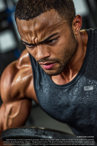 Focused man in gym, sweat on forehead, intense workout.