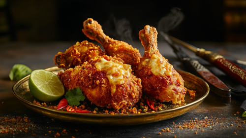 Food photography of fried chicken, Keris, cheese, lime. Food photography of fried chicken, Keris, cheese, lime.