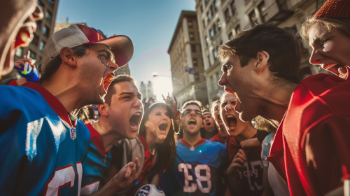 Football fans in blue and red Uniforms arguing