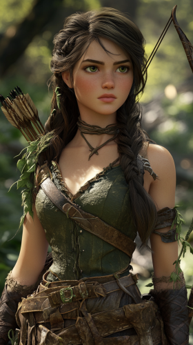 Forest Ranger with long dark hair, green eyes, bow.