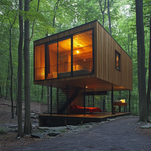 Forest cabin with bunk beds, raining view, split level Forest cabin with bunk beds, raining view, split level