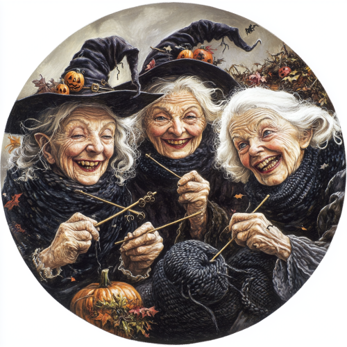 Four old witches knitting black scarf for Halloween