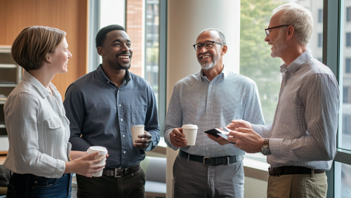 Four professionals in open office, smiling, talking, coffee.