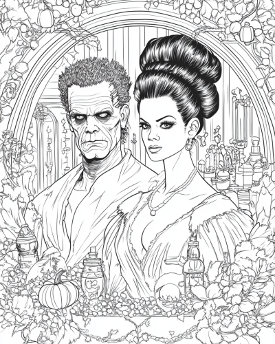 Frankenstein's creature and Bride in comic book color page.
