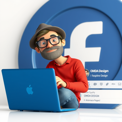 Freelancer Graphic Designer Sitting on Macbook with Facebook Logo