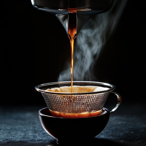 French coffee press pours hot black coffee into cup