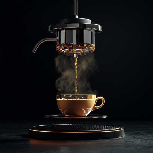 French coffee press pours hot coffee into cup
