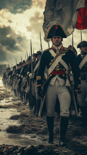 French soldiers donning uniforms with bayonets under stormy skies. French soldiers donning uniforms with bayonets under stormy skies.