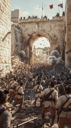 French soldiers in Jaffa wearing military uniforms with muskets.
