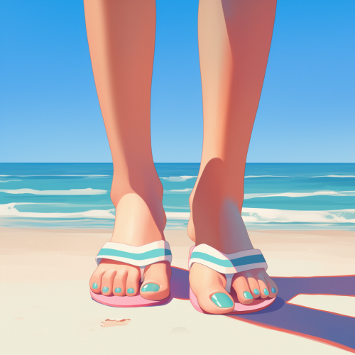 Fresh, shiny toenails in sandals on beach