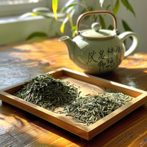 Fresh Green Tea Leaves on Tray with Teapot