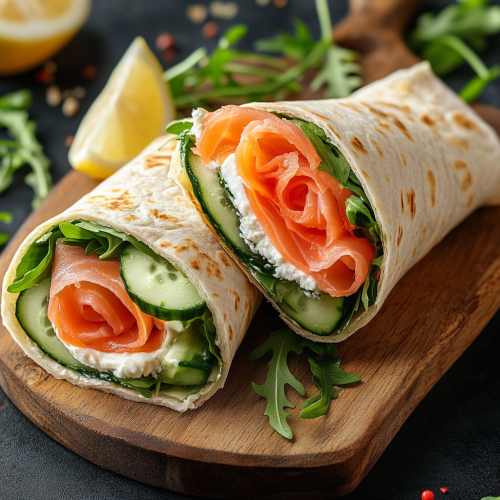 Fresh Smoked Salmon Wrap on Wooden Board