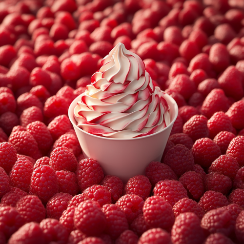 Fresh red raspberries surrounding a paper ice cream cup.