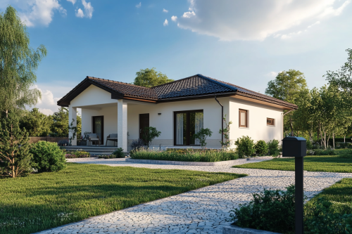 Freshly painted house for sale with signpost