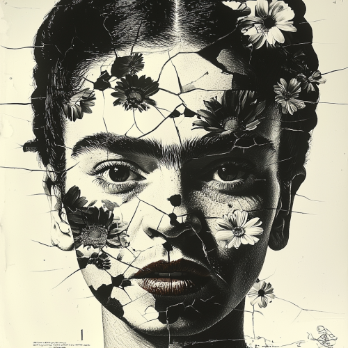 Frida Kahlo's fractured glass portrait tattoo style theme.