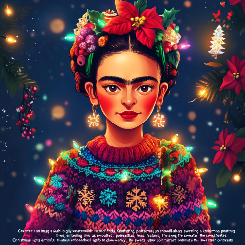 Frida Kahlo in Christmas sweater with festive lights