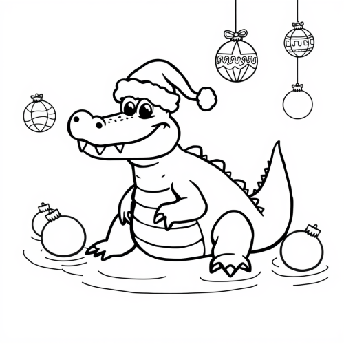 Friendly Crocodile with Santa Hat among Christmas Ornaments