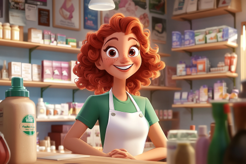 Friendly female shop owner with red hair smiling proudly