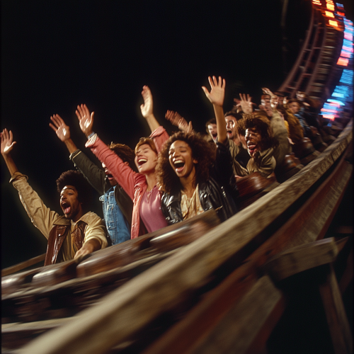 Friends Race Down Roller Coaster at Night.