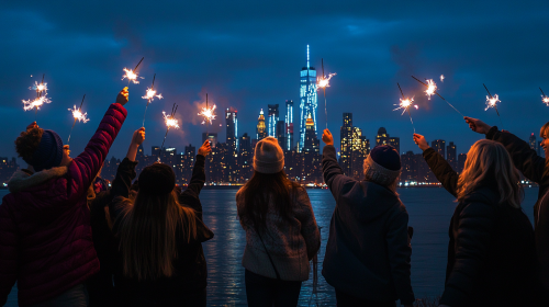 Friends celebrating in New York City with sparklers