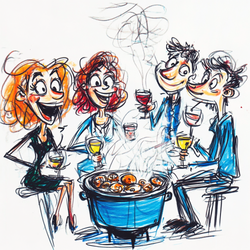 Crayon Doodle of Friends enjoy hot pot, mushrooms boil, wine flows, playful