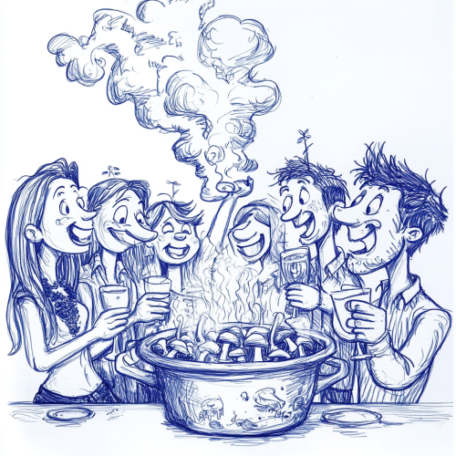 Friends having fun around hot pot with mushrooms Friends having fun around hot pot with mushrooms