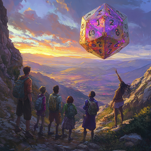 Friends on mountain trail amazed by giant dice.