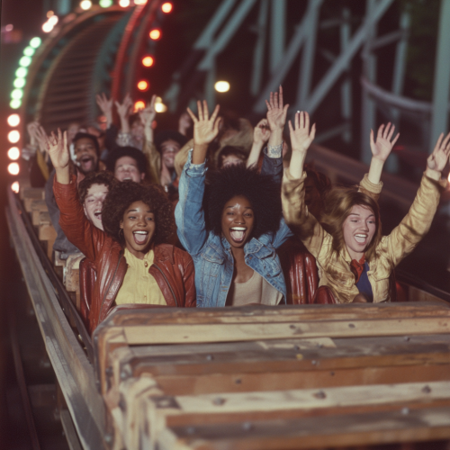 Friends ride a roller coaster at night