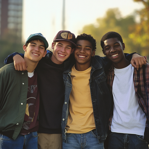 Friends smiling in park, Fujifilm capture, golden glow