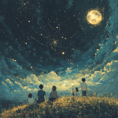 Friends under starry night sky feel wonder together