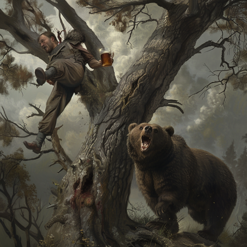 Frightened man in tree escaping angry bear. Traditional German.