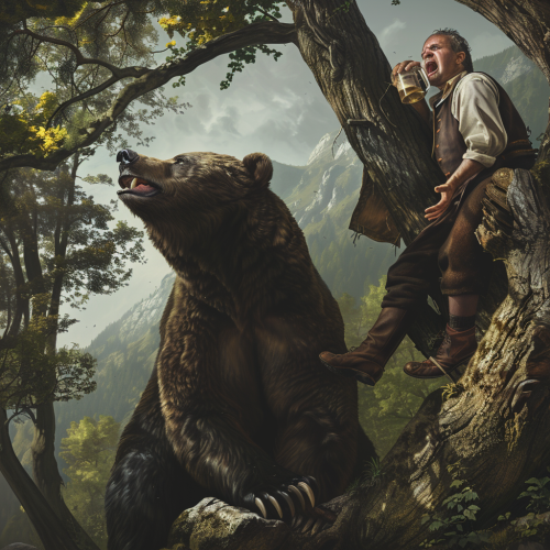 Frightened man in tree tries to escape angry bear.