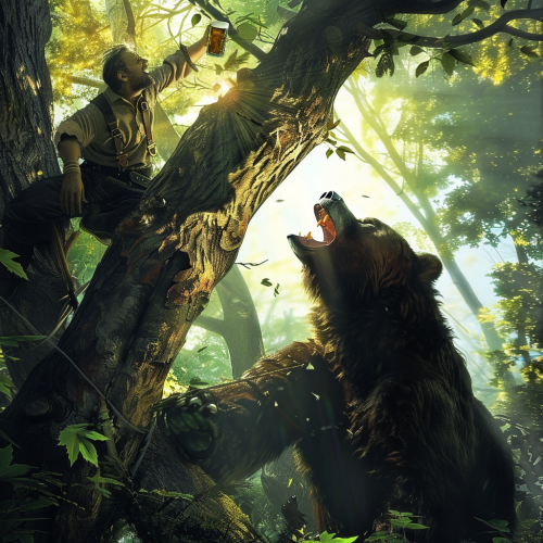 Frightened man in tree trying to escape bear.