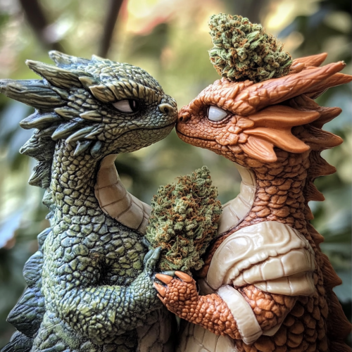 Frisky dragon couple wear realistic hybrid marijuana nugget costumes.