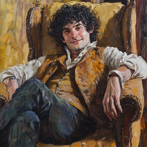 Frodo Baggins in 18th century armchair oil painting