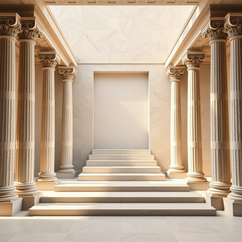 Frontal view of Greek columns with centered staircase.