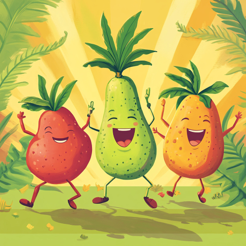 Fruits and leaf characters dancing in 80's style