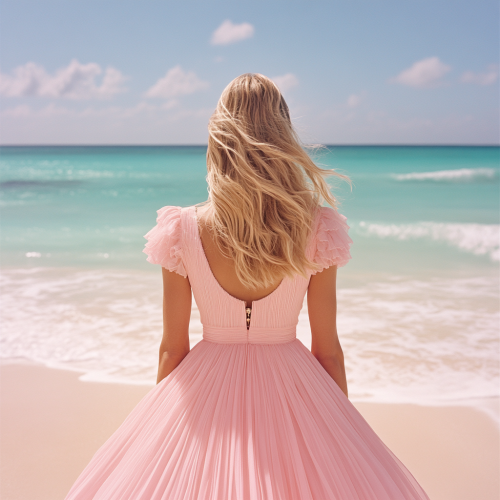 Full-length pink beach popup jewelry minimalist photo