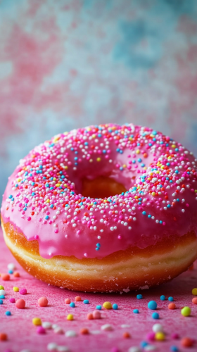 Fun and colorful glazed donut with vibrant sprinkles.