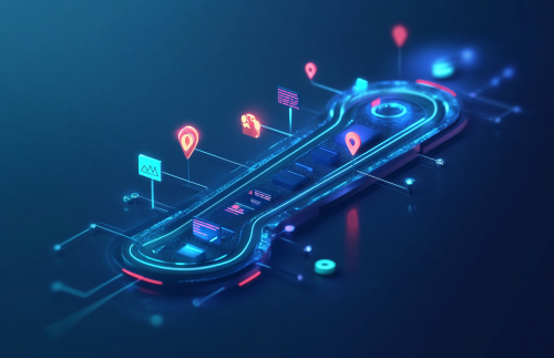 Futuristic 3D roadmap banner with milestones markers.