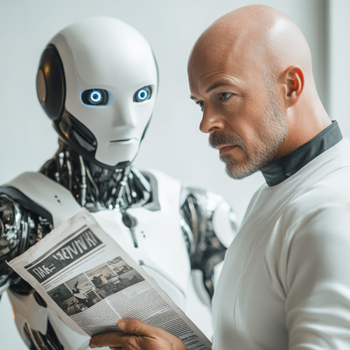 Futuristic AI Robot Gives Newspaper to Attractive Man Futuristic AI Robot Gives Newspaper to Attractive Man
