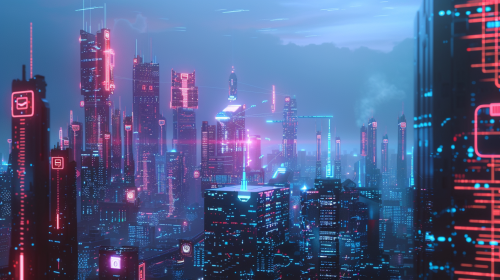 Futuristic Cityscape with Glowing AI Circuits 