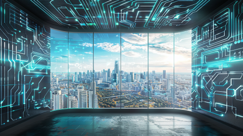 Futuristic High-Tech Office Interior with AI Circuitry Wall