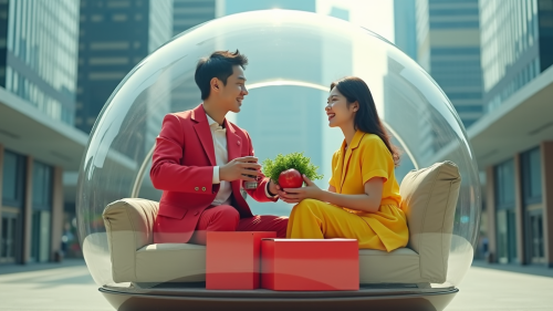 Futuristic Japanese Couple in Spaceship with Fruit Futuristic Japanese Couple in Spaceship with Fruit