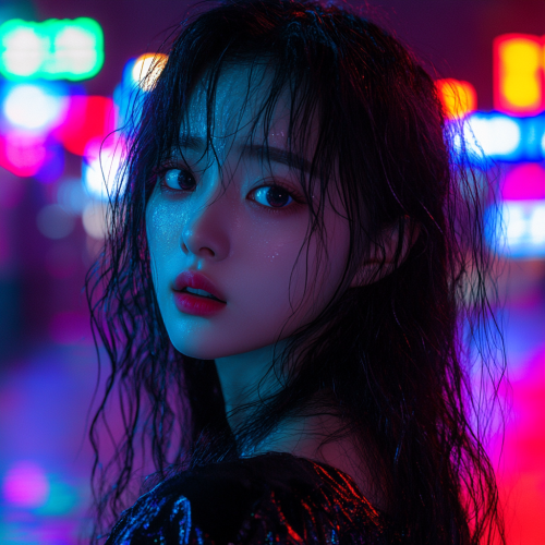 Futuristic Korean girl in apocalyptic city with neon signs.