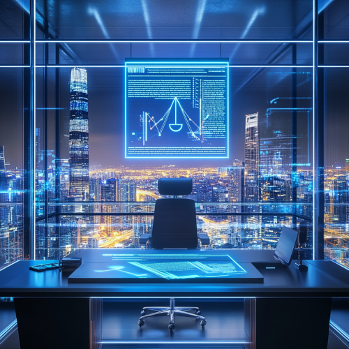 Futuristic Lawyer's Desk with Holographic Interface and AI Assistants 